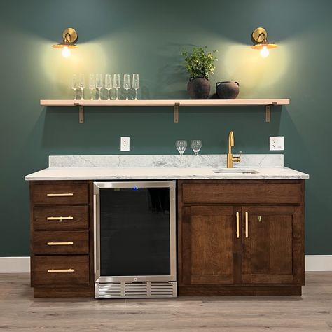 Dark green is always a good idea. I’m loving this small wet bar situation in the spec house we built. It is even prettier than I imagined it to be! #wetbar #swrockyriver #kochcabinets Small Wet Bar Ideas, Small Wet Bar, Wet Bar Ideas, Spec House, Wet Bars, She Shed, Bar Ideas, Wet Bar, Dark Green