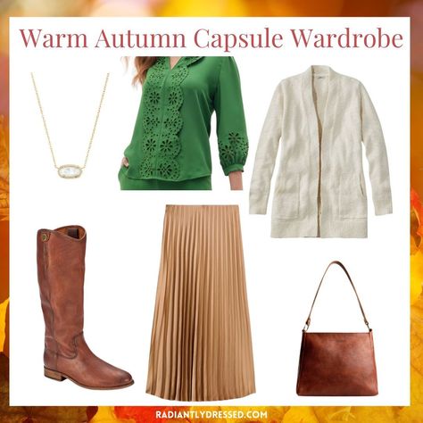 Warm Autumn Capsule Wardrobe, Autumn Color Outfits, Completer Pieces, Radiant Woman, Autumn Capsule Wardrobe, Autumn Palette, Color Outfits, Neutral Shoes, Seasonal Color Analysis