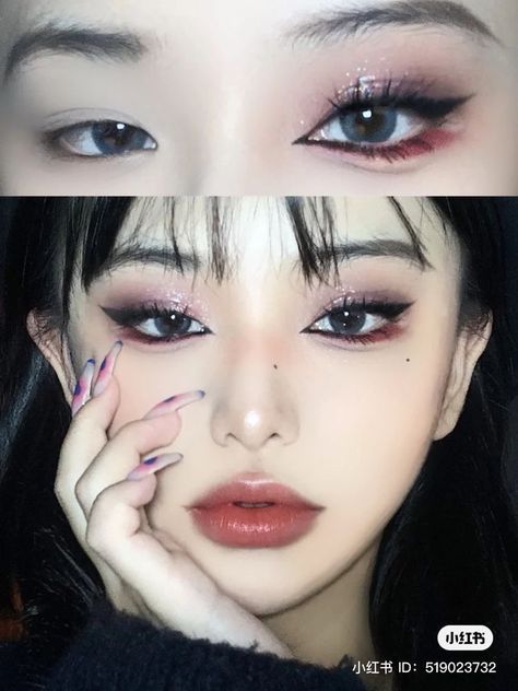 douyin makeup style asian fox eye kawaii baddie makeup tutorial eyelash eyeliner eyeshadow cut crease cute fierce red under eyeliner sharp nails Edgy Asian Makeup, Half Caked Makeup, Anime Inspired Makeup, Extreme Make-up, Make Up Mata, Teknik Makeup, Make Up Designs, Asian Makeup Looks, Douyin Makeup