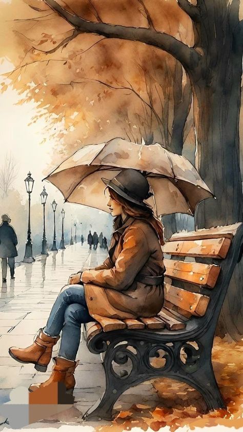 Composition Painting Watercolour, Autumn Sketches, Sunset Art Painting, Figurative Art Painting, Best Paintings, Autumn Watercolor, Warriors Illustration, I Love Rain, Scene Drawing