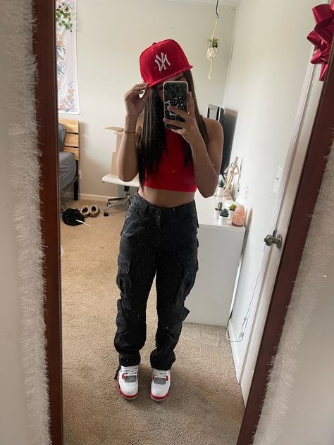 Bred 1s Outfit Women, Streetwear Red Outfit, Latina Shein Outfits, Red Latina Outfit, Red Jordan 11 Outfit Women, Red Outfits For School, Red Cement 4s Outfit, Red Outfit Streetwear, Cute Jordan Outfits