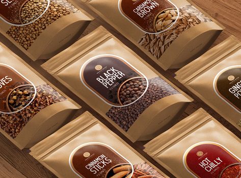 xaaf brand Agency Packaging Design for a Tanzanian Brand, Nelwa's Spices - World Brand Design Cinnamon Packaging Design, Black Pepper Packaging, Cinnamon Packaging, Fresh Food Packaging, Brands Packaging, Indian Spice Box, Secondary Packaging, Ingredients Photography, Chip Packaging