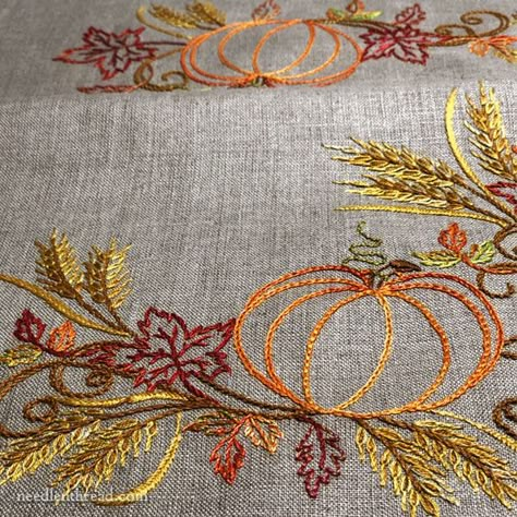 An Finish – Embroidered Table Runner for Fall – NeedlenThread.com - Festive Fall will be published in September! Check back on Needle 'n Thread for it! Fall Table Runners Diy, Hand Embroidered Table Runner, Embroidery Table Runners, Autumn Hand Embroidery, Table Runner Pattern Embroidered, Embroidered Table Runner Handmade, Fall Embroidery Table Runner, Autumn Leaves Table Runner, Autumn Table Runner