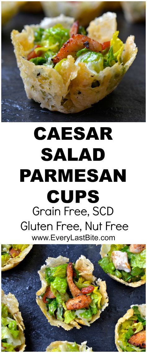 Caesar Salad Parmesan Cups | Every Last Bite Caesar Salad Cups, Salad Parmesan, Brunch Party Menu, Parmesan Cups, Chicken Caesar Pasta, Caesar Pasta Salad, Caesar Pasta, Chicken Caesar Pasta Salad, Parmesan Crisps