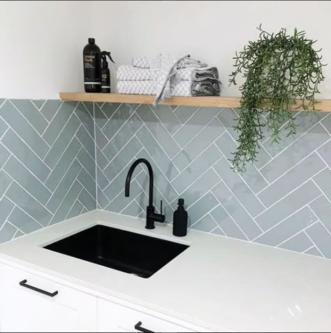 minimal kitchen #tyle Voxtorp Ikea, Laundry Room Tile, Kitchen Splash Back, Kitchen Splashback Tiles, Wonderland Decor, Wall Stand, Minimal Kitchen, Black Sink, Laundry Design