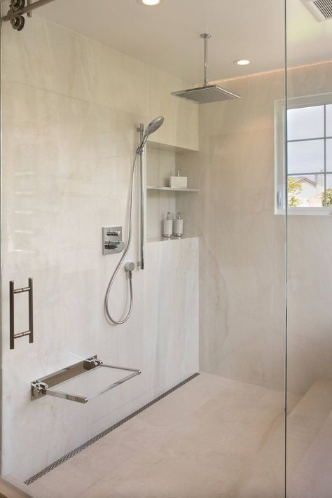 Big Slabs Tile Bathroom, Large Neutral Bathroom Tile, Cream Shower Tile Master Bath, Large Tile Shower Floor, Big Shower Tiles, 24x48 Tile Bathroom, Large White Tile Bathroom, Big Bathroom Tiles, Bathroom Tile Large