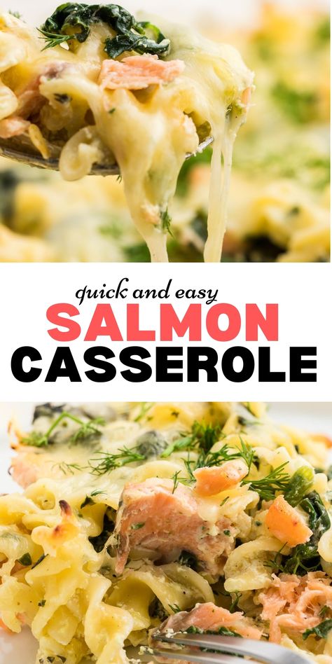 collage of two closeup images of a freshly baked salmon casserole Pasta That Goes With Salmon, Salmon Pasta Casserole, Salmon And Rice Casserole, Canned Salmon Casserole Recipes, Baked Salmon Pasta Recipes, Salmon With Spinach Cream Sauce, Salmon Cream Cheese Recipes, Salmon Pot Pie, Salmon And Noodles Recipes