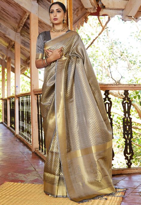 Golden Saree, Kanjivaram Sarees Silk, Grey Saree, Art Silk Sarees, Kanjivaram Sarees, Saree Look, Soft Silk Sarees, Traditional Sarees, Bollywood Saree