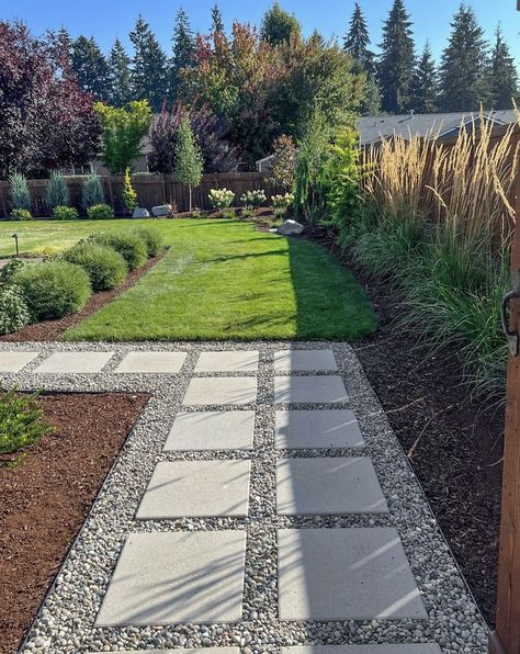 Deck Perimeter Landscaping, Backyard Paver Walkway, Backyard Easement Landscaping Ideas, Backyard Perimeter Ideas, How To Landscape A Dirt Yard, Pavers And Pea Gravel Walkways, Concrete Patio Transition To Yard, Pavement Backyard Ideas, Pathway Ideas For Backyard