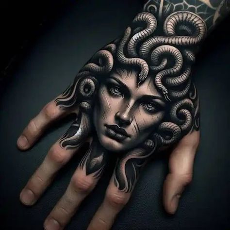 Buddha Hand Tattoo Design, Hades Hand Tattoo, Greek God Hand Tattoo, Full Neck Sleeve Tattoo, Greek Mythology Hand Tattoos, Mythology Hand Tattoo, Italian Mob Tattoos, Medusa Hand Tattoo Men, Hand Tattoo Cover Up Ideas For Men