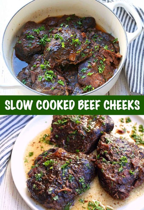 Slow-cooking turns tough beef cheeks into a wonderfully melt-in-your-mouth, rich and flavorful meat. Beef Cheeks Recipe Slow Cooker, Beef Cheek Meat Recipe, Beef Cheeks Slow Cooker, Beef In Slow Cooker, Beef Cheeks Recipe, Slow Cooked Beef Cheeks, Paleo Comfort Food, Slow Cooked Meat, Beef Cheeks