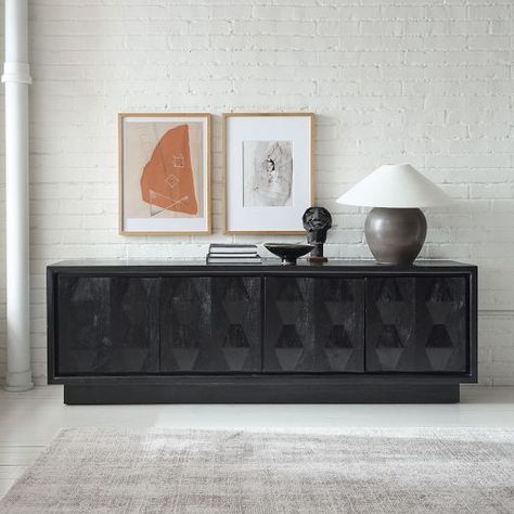 media console | West Elm First Home Aesthetic, Black Media Console, Moody Home Office, Credenza Styling, Media Stands, Modern Bookcases, Modern Media Console, Office Work Space, Moody Home