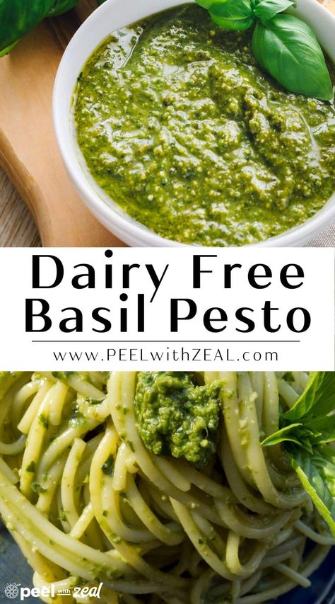 Dairy-Free Pesto Easy and quick dairy-free pesto recipe is just as flavorful as traditional basil pesto but without the parmesan cheese. This delicious pesto is perfect for fresh pasta, grilled vegetables, sandwiches and more! Vegan Basil Pesto, Pasta Basil, Dairy Free Pesto, Basil Pesto Recipes, Gluten Free Sides, Scratch Recipes, Basil Recipes, Vegan Pesto, Easy Summer Meals