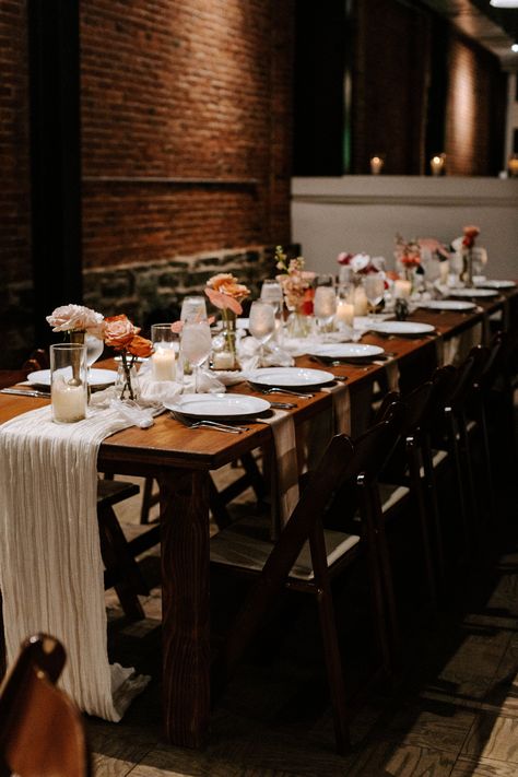 Farm Tables With Bud Vases, Harvest Table Wedding Bud Vases, Harvest Table Wedding Centerpieces, Wood Tables Wedding Reception, Rectangular Wedding Tables, Candles And Bud Vases Long Table, Minimalist Tablescape Wedding, Bud Vases Rectangle Table Wedding, Long Farm Table Wedding Decor