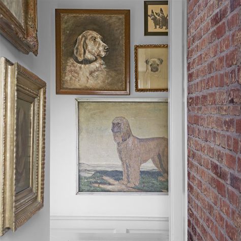 Dog Wall Decor Ideas, Dog Decor Ideas, Dog Nook, Room For Tuesday, Picture Gallery Wall, Painted Dog, Eclectic Gallery Wall, Hanging Paintings, Decor Ideas Diy