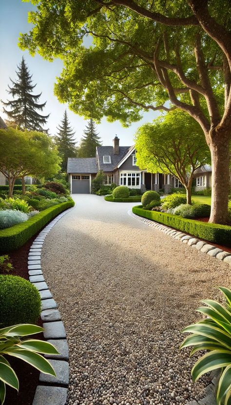 20+ Stunning Driveway Paving Ideas to Elevate Your Curb Appeal 28 Driveway With Grass In Middle, Driveway Farmhouse, Driveway Remodel, Driveway Paving Ideas, Circle Driveway Landscaping, Round Driveway, Gravel Driveways, Cosy Garden, Pavers Design