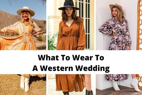 What To Wear To A Western Wedding [2024]: 30+ Chic Attire Ideas and Best Dresses To Wear Winter Western Theme Wedding Dress Attire, Western Wedding Officiant Outfit, Western Themed Wedding Guest Outfit, Western Formal Wedding Guest Attire, Women’s Formal Western Wear, Cowboy Chic Wedding Guest Attire, Cowboy Wedding Guest Outfit, Classic Concho Belt For Western-themed Events, Western Wedding Dresses Guest