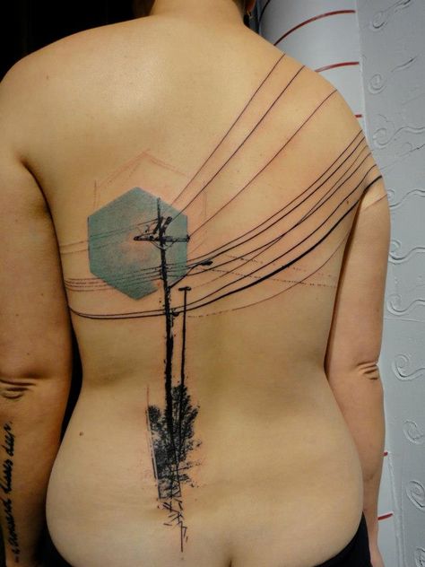 gorgeous modern graphic tattoos - photos posted by Mike Silver.  telephone wires Xoil Tattoo, Pole Tattoo, French Tattoo, Timeless Tattoo, Photoshop Styles, Side Tattoos, Abstract Tattoo, Skin Art, Line Tattoos