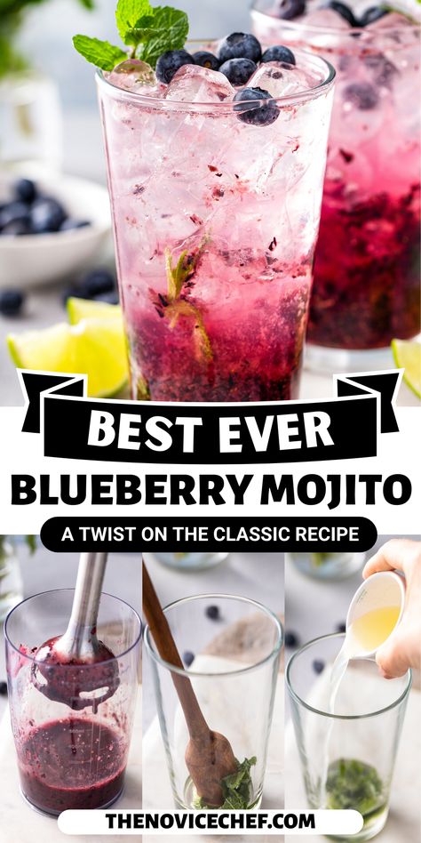 Bright blue and fruity, this easy blueberry mojito is packed with white rum, lime juice, and lots of ice for a refreshing summer cocktail. Topped with club soda for a bit of fizziness, you'll love every minty sip. Blueberry Mojito Recipe Pitcher, Summer Mojito Recipe, Blue Mojito Recipe, Blueberry Mojito Pitcher, Summer Mojito, Mojito Recipe Pitcher, Mojito Pitcher, Blueberry Mojito Recipe, Fancy Cocktails Recipes