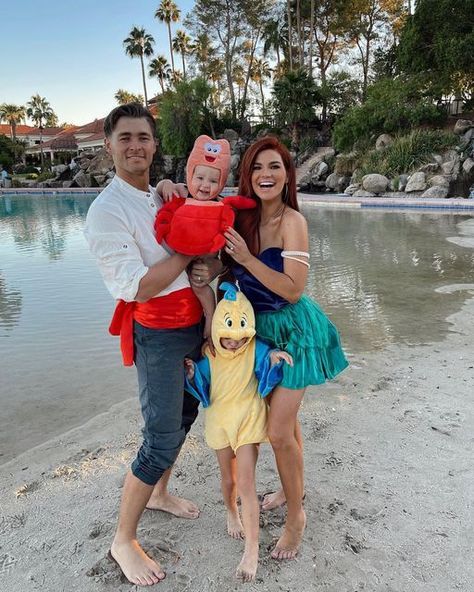 35 Family Halloween Costume Ideas 2024: Slay as a Squad this Spooky Season! Halloween Costumes 3 Family, Ariel Flounder Sebastian Costumes, Pop Culture Family Halloween Costumes, Family Costume Ideas For 3 Disney, Ariel Prince Eric Costume, Little Mermaid And Prince Eric Costume, Ariel Family Halloween Costumes, Lilo And Stitch Halloween Costume Family, Ariel And Sebastian Costume