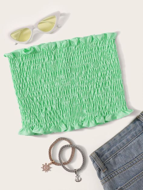 Cute Outfits With Shorts, Shirred Fabric, Tube Top Outfits, Color Plain, Bandeau Crop Top, Summer Green, Crop Top Outfits, Teenage Fashion Outfits, Shein Style