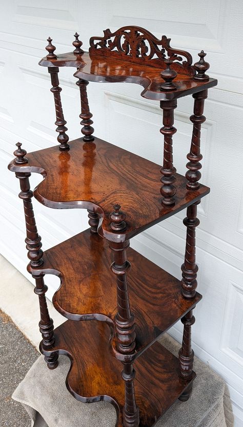 RARE Museum Find!  One of a Kind! Gorgeous Antique Superior Quality Hand Carved Ornate 4 Tier ETAGERE with Incredible Wood Grain & Patina Wonderful High Quality ETAGERE with Amazing Ornate Hand Carved Woodwork & Gorgeous Hand Turned Spindles Amazing and Rare Piece, Wonderful Antique Condition with Minimal Normal Age Related Wear, Minor Cracking, Wear and Chips (see pictures for condition)  Amazing Antique Patina and Character Wonderful Piece with Gorgeous Wood Grain and Character Minor Cracking, Old Wooden Furniture, Antique Shelf, Antique Objects, Carved Bookshelf, Wintage Shelves, Antique Wood Carving Furniture, Vintage Carved Wood Furniture, Bintage Wood Decirative Shelf, Whimsical Bedroom