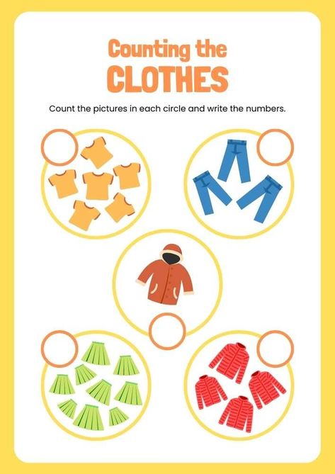 Clothes Worksheets For Kindergarten, English Pie, Clothes Kindergarten, Math Clothes, Clothes Worksheet, Class 1 Maths, Preschool Activity Sheets, Math Exam, Counting For Kids