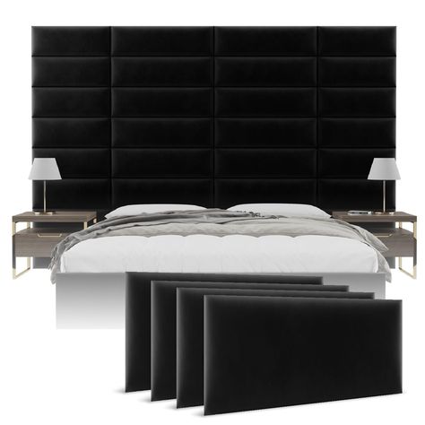 High Back Bed, Adult Room Decor, Black Panel Headboard, Goth Accent Wall, All Black Room Aesthetic, Oversized Headboard, Black Wall Velvet Bed, Tall Headboard Bedroom Ideas, Black Wall Bedroom Ideas