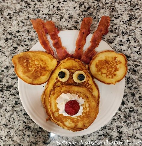 Deer & Bacon Pancakes Deer Bacon, Reindeer Pancakes, Pancakes Bacon, Bacon Pancakes, Pancakes And Bacon, Banana Slice, Rudolph The Red, The Porch, Whipped Topping