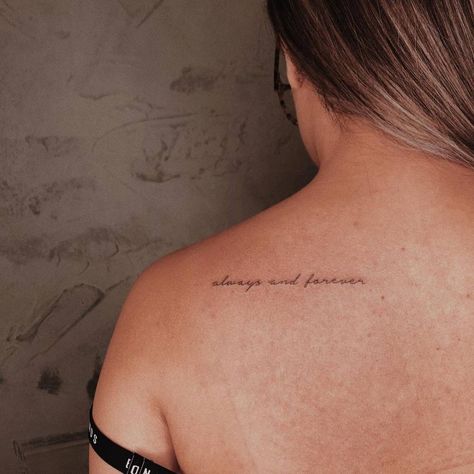 Forever With You Tattoo, Forever With Me Tattoo, I Will Always Choose You Tattoo, I Will Remember For You Tattoo, Shoulder Tattoos For Women Words, Script Shoulder Tattoo, Always With You Tattoo, Tattoo Quote Fonts, Shoulder Writing Tattoo