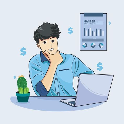 Manage money concept. Young business man thinking about business idea vector illustration pro download Money Animation, Man Thinking, Money Illustration, Smart Guy, Thumbnails Youtube Background, Youtube Background, Studio Images, Manage Money, Mens Smart Casual Outfits