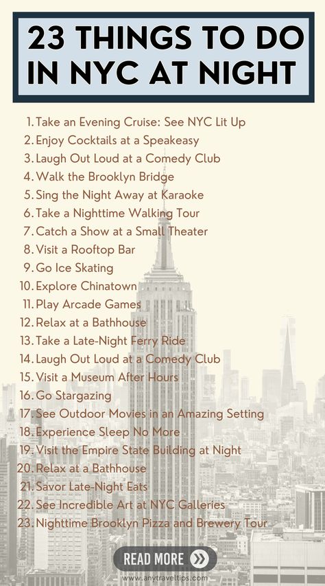 23 amazing things to do in New York City at night! Don't miss these tips from our NYC resident on your next trip! New York Midtown, Traveling To Nyc, Where To Go In Nyc, New York To Do List, Nyc To Do List, New York City Must Do, New York City To Do, New York City Places To Visit, Where To Stay In New York City