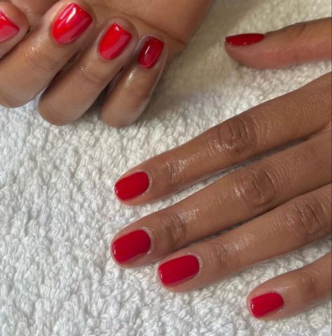 Simple Red Gel Nails, Red Nails Painted, Red No Chip Nails, Russian Manicure Red Nails, Red Biab Nails Short, Red Short Nails Square, Dark Skin Red Nails, Short Red Nails Black Women, Red Nails Squoval