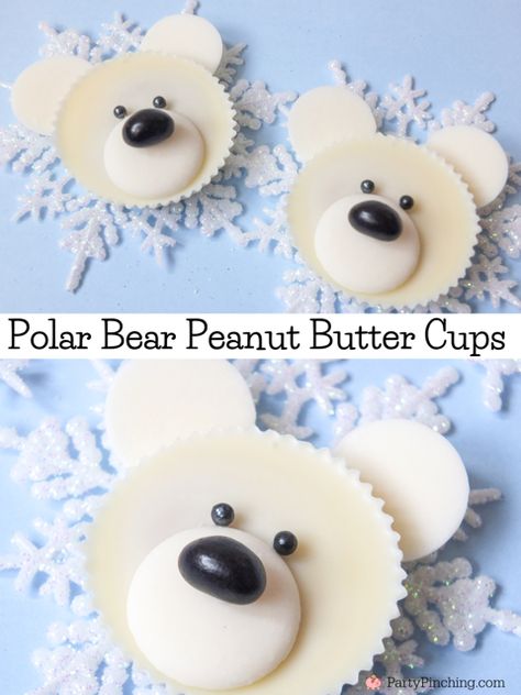 polar bear peanut butter cups, easy polar bear treat dessert recipe ideas, white chocolate Reese's peanut butter cups, cute polar bear peanut butter cups, easy fun polar bear peanut butter cups treats dessert, winter snow Christmas fun food ideas for kids Polar Bear Desserts, Christmas Fun Food, Polar Bear Food, Fun Food Ideas For Kids, Winter Snacks, Fun Food Ideas, Winter Snack, Bear Recipes, Easy Dessert Recipe