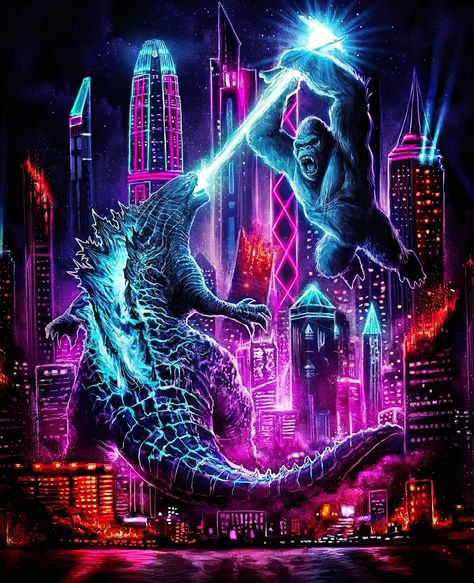 Godzilla Birthday Party, Godzilla Birthday, King Kong Art, Kong Godzilla, King Kong Vs Godzilla, Breathing Fire, Godzilla Comics, Godzilla Vs Kong, Neon Jungle