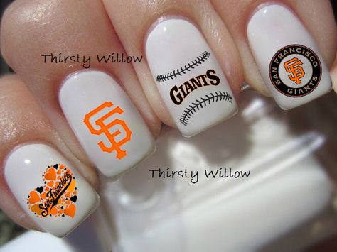 San Francisco Giants Nail Decals by ThirstyWillow on Etsy https://www.etsy.com/listing/221612351/san-francisco-giants-nail-decals Ny Mets Nails, Mets Nails, Baltimore Orioles Nails, Orioles Nails, San Francisco Giants Nails, Sf Giants Nails, Tailgate Decor, Baseball Nails, Pedicure Supplies