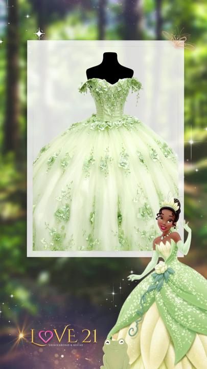 🌼💚🐸 #princesstiana XV dress inspired 🥰 consiguelo solo en love21 ... | Princess Dresses | TikTok Princess Tiana Wedding Dress Ball Gowns, Princess Tiana Ball Gown, Tiana Quince Dress, Princess Tiana Sweet 16 Ideas Dress, Tiana Quinceanera Dress, Princess And The Frog Wedding Dress, Princess Tiana Wedding Dress, Princess Tiana Prom Dress, Tiana Inspired Dress