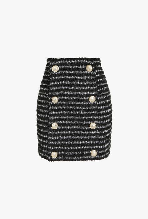 Balmain - Tweed fall front black mini-skirt ($1,350) Balmain Tweed, Tweed Mini Skirt, Black Knit Dress, Fall Front, Campaign Fashion, Striped Mini Dress, Elegant Dresses For Women, Denim Mini Dress, Black Mini Skirt