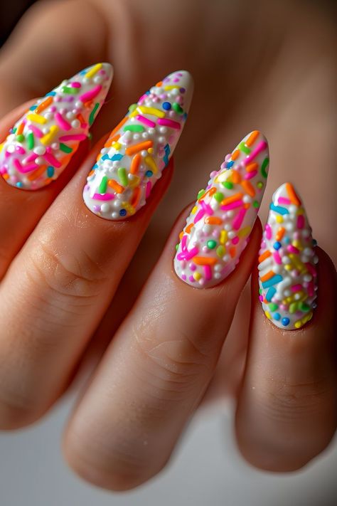 Summer Vacation Nail Inspo Almond, Swimming Pool Nails, Sprinkle Nail Art, Fun Summer Nails 2024, Candy Land Nails, Summer Nail Inspo 2024 Almond, Sprinkles Nails, Popsicle Nails, Crazy Summer Nails