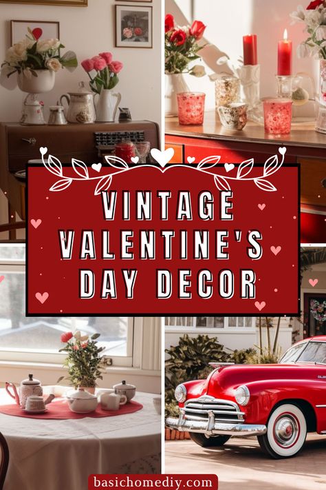 Discover a beautiful home decor collection of the best vintage Valentine's Day decorations for your home. Explore timeless and charming home decor display ideas perfect to transform your space into a beautiful home. Elevate your Valentine's Day home decor this season with vintage home decor accents and nostalgic decorations and home treasures. Mid Century Modern Valentines Decor, Vintage Valentine Vignettes, Valentines Entry Table, Vintage Valentine Decor Ideas, Valentine Display Ideas, Valentines Home Decor Living Rooms, Valentines Day Mantle Decor, Valentine Mantel Ideas, Classy Valentines Decor