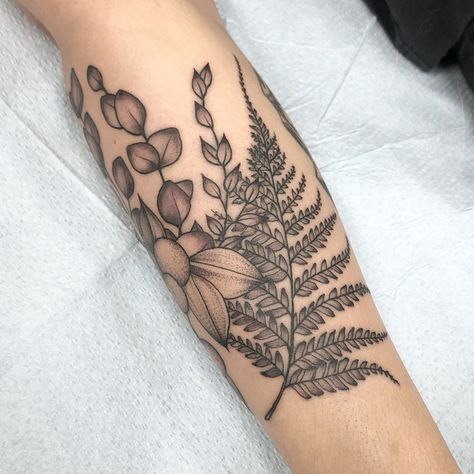 Fern And Eucalyptus Tattoo, Fern Wrapped Around Arm Tattoo, Fern Tattoo Inner Arm, Leg Fern Tattoo, Botanical Elbow Tattoo, Fern And Wildflower Tattoo, Fern Arm Tattoo, Finn Tattoo, Fortune Teller Tattoo