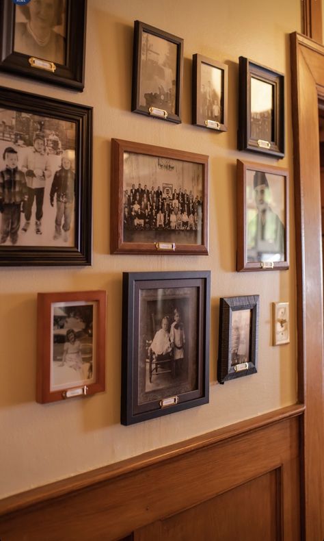 Old Family Pictures Display, Family Memorial Wall, Family Photo Wall Aesthetic, Ancestor Wall Ideas, Ancestor Photo Wall, Ancestor Wall Display, Ancestor Gallery Wall, Family History Wall, Vintage Family Photo Wall