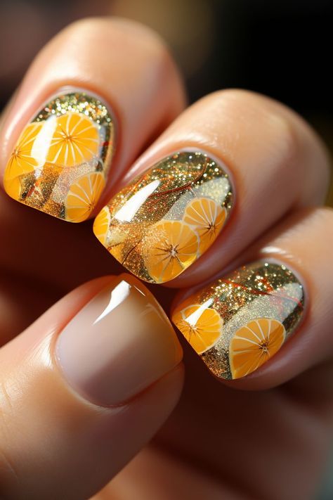 Orange Slice Nails, Nailart Elegant, Citrus Nails, Summer Nails And Toes, Nails With Orange, Fruity Nails, Vibrant Summer Nails, Nails Vibrant, Yellow Fruits