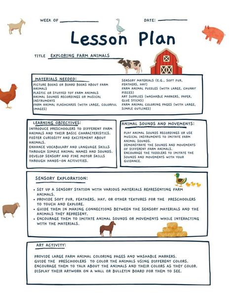 A full theme lesson plan about farm animals Farm Animals Lesson Plans Preschool, Animals Lesson Plan, Prek Lesson Plan Ideas, Farm Animal Lesson Plan, Sample Lesson Plans Preschool, Learning Farm Animals, Cow Lesson Plans For Preschool, Daycare Weekly Lesson Plan, Animal Lessons For Kindergarten