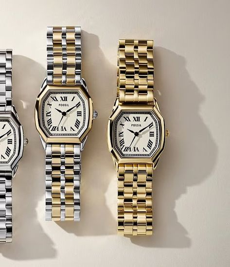 Fossil Women's Harlow Three-Hand Date Gold-Tone Stainless Steel Bracelet Watch | Dillard's Womens Tag Watch, Chunky Watches For Women, Popular Watches For Women, Silver And Gold Watch Women, Mixed Metal Watches Women, Watch Styling Women, Rose Gold Watch Outfit, Classic Watches Women, Silver And Gold Watch