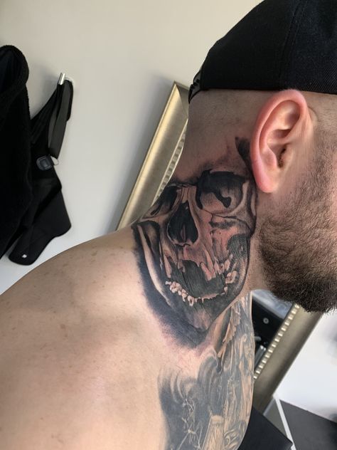 Skull tattoo. Skull Neck Tattoo, Neck Tattoo For Guys, Neck Tattoo, Skull Tattoo, Tattoos For Guys, Portrait Tattoo, Tatting, Tattoos, Quick Saves