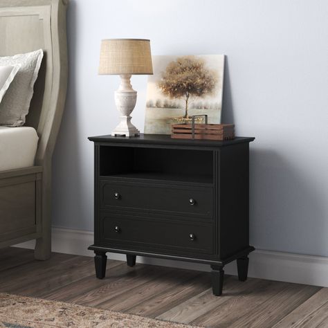 Lark Manor Amberlyn 2 Drawer Solid Wood Nightstand & Reviews | Wayfair Transitional Farmhouse, Tufted Upholstered Headboard, Michael Amini, Bedside Chest, 3 Drawer Nightstand, 2 Drawer Nightstand, Wood Nightstand, Elegant Living, Drawer Nightstand