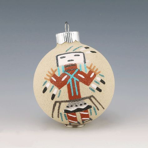 Wonderful Christmas ball ornament with sand painting of a Yei and Monument Valley.  Hand made by Navajo artist, Darlene Johnson.  3  1/4″ tall x 2  1/2″ wide x 2  1/2″ long Navajo Christmas, Art Ornaments, Sand Painting, Themed Christmas, Nativity Crafts, White Christmas Decor, Dec 26, Dec 25, Boxing Day