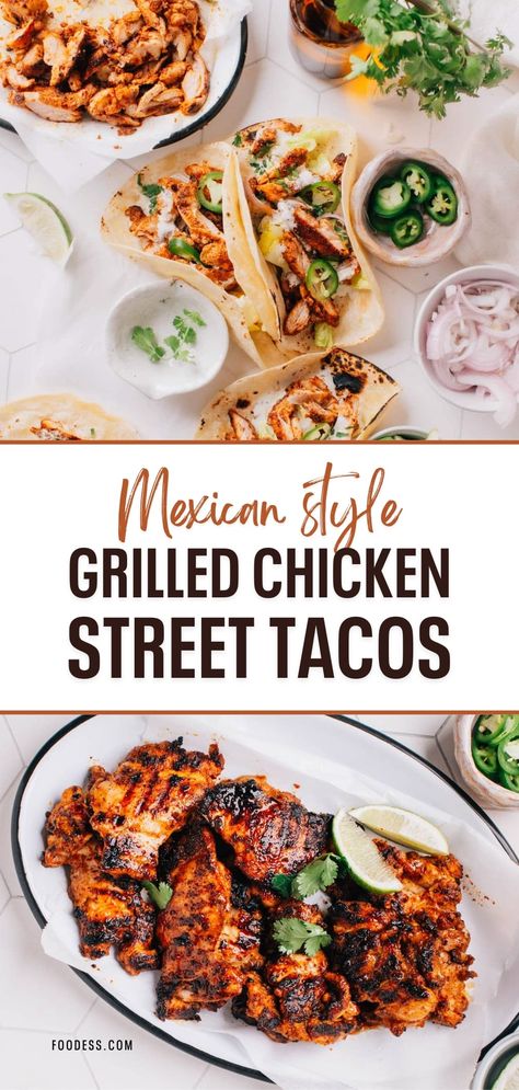 Enjoy the authentic flavors of Mexican street food with these mouthwatering Chicken Street Tacos! Made with juicy boneless chicken thighs marinated in a tantalizing blend of chicken taco seasoning and zesty lime juice, these tacos are bursting with fresh and flavorful ingredients. Grilled to perfection, the chicken is tender and infused with irresistible smoky flavors. These tacos are weeknight-friendly, great for hosting taco nights, parties or even meal prep! Find the full recipe on my blog. Baked Chicken For Tacos, Diced Chicken Tacos, Struggle Food, Carne Asada Chicken, Chicken Street Tacos Recipe, Best Chicken Tacos, Street Tacos Chicken, Street Tacos Recipe, Chicken Street Tacos