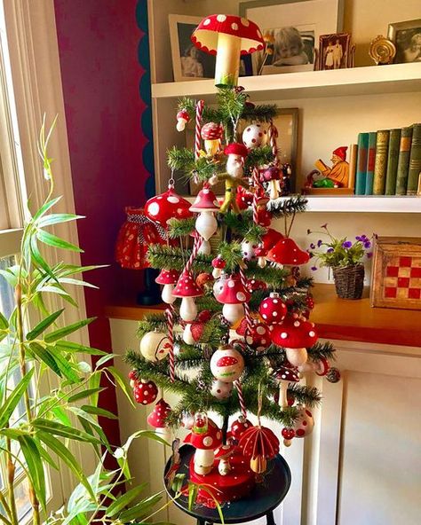 Mary Engelbreit on Instagram: "The mushroom tree is up! I’m not sure what started this tradition of decorating for Christmas with deadly poisonous fungi, but I’m all for it! Obviously. I do have a few normal trees going up as well, but this is one of my favorites, not least because I throw a bag over it and put it in a closet fully decorated after the holiday. #maryengelbreit #maryengelbreitstudios #artist #artistsoninstagram #illustrator #illustrator #copicmarkers #prismacolorpencils #crafts Toadstool Ornaments, Mushroom Christmas Tree, Mushroom Tree, Decorating For Christmas, Mary Engelbreit, Mushroom Decor, The Mushroom, Prismacolor Pencils, Picket Fence